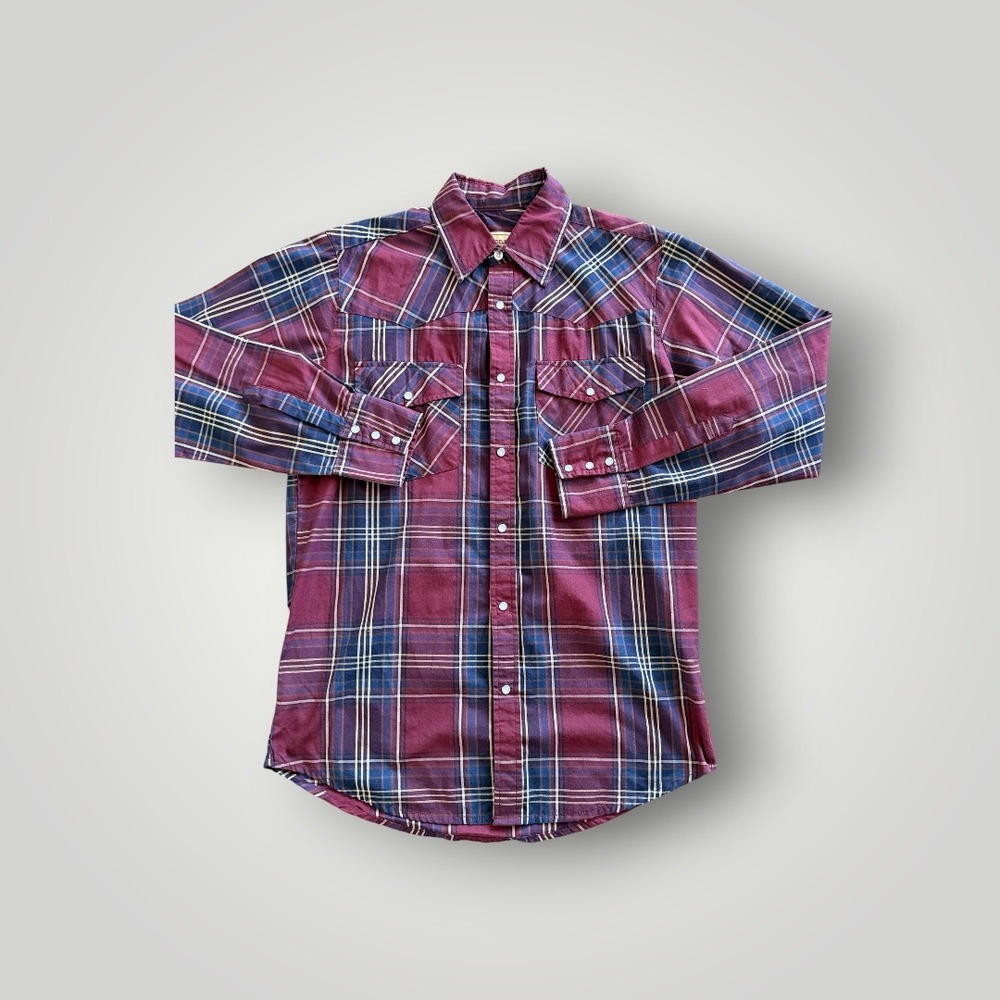 Bit & Bridle Western Pearl Snap Shirt Mens Medium Burgundy Plaid Cowboy Rodeo - Picture 2 of 8